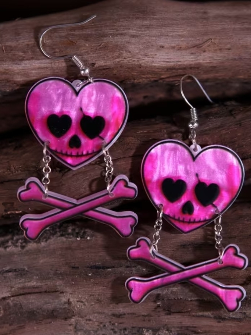 Pink Heart Acrylic Skull & Crossbones Dangle Earrings